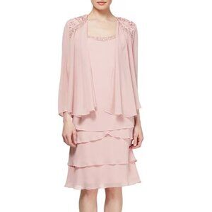 SLNY Tiered Chiffon Cocktail Dress with Jacket (Faded Rose, 14W)